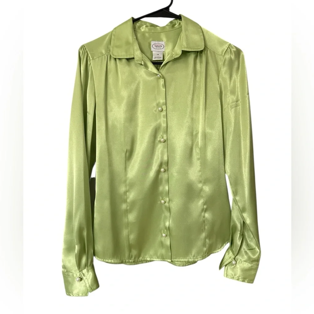 Talbots Kids Girls Satin Blouse Size 16 Green Pearl Button‎ Classic Dressy Top